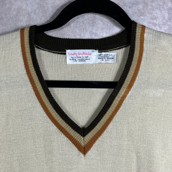 Vintage Lady LaMode Sweater Womens XL Tan Knit Golfer V-Neck Outdoor Preppy - Picture 2 of 9